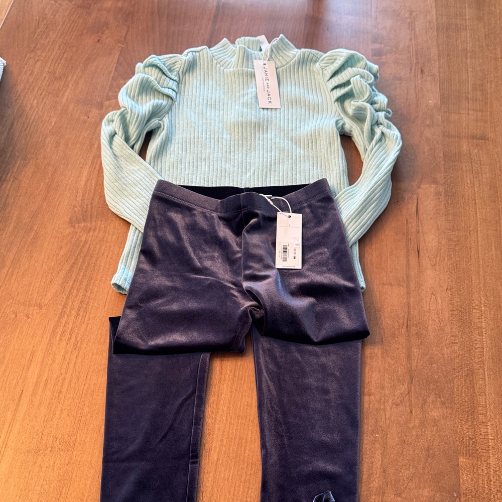 Mint Green Sparkle Ruffled Top and Velvet Navy Leggings Set - Janie and Jack NWT